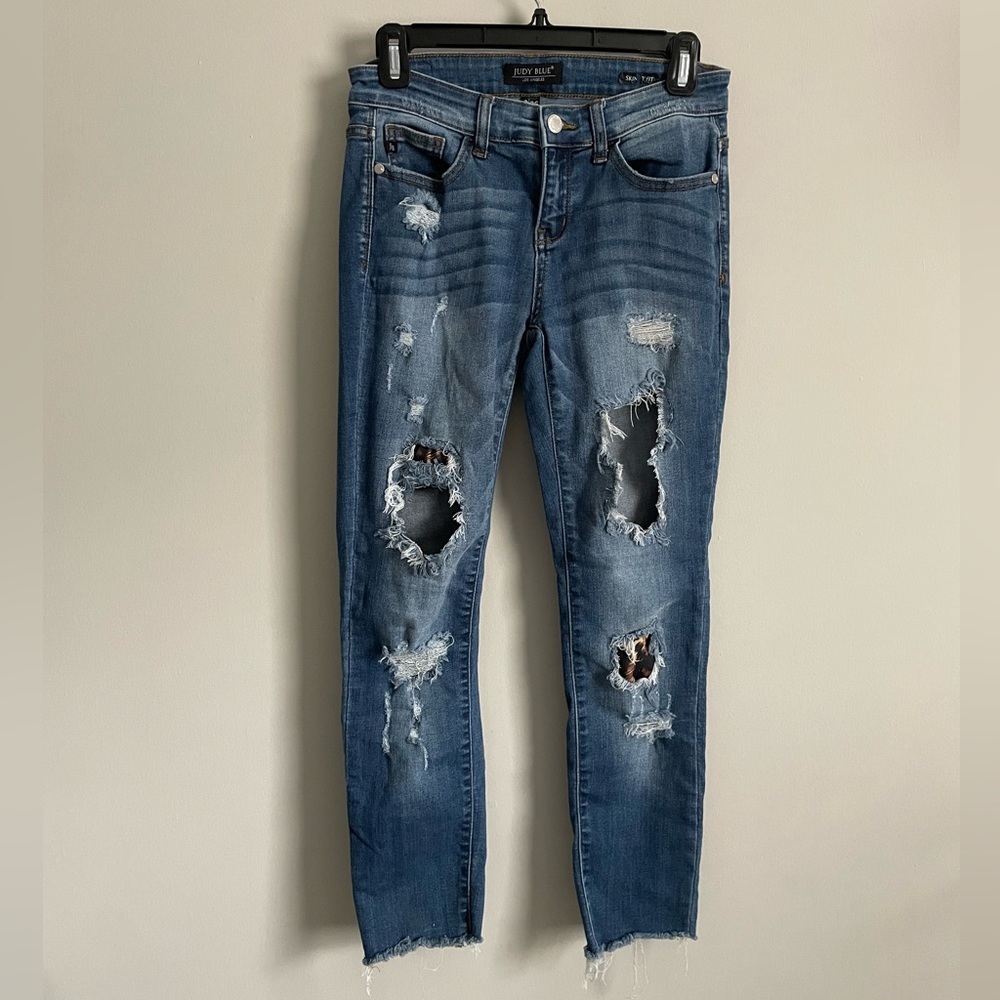 Judy Blume Denim Distressed Leopard Print Patched Skinny Jeans